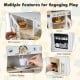 Wooden play kitchen for kids featuring an oven, microwave, coffee maker, and ice maker with realistic sounds and lights.