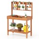 Wooden potting bench table with 3-tier open shelf, sturdy construction, ideal for gardening tasks in patios or gardens.