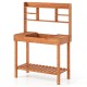 Wooden potting bench table with flip-up tabletop, 3-tier open shelf, and slat rack design for gardening tasks.