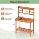 Wooden potting bench table with 3-tier open shelf and flip-up tabletop, ideal for gardening tasks in outdoor spaces.