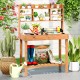 Wooden potting bench workstation with 3-tier shelf, ideal for gardening tasks and tool storage in outdoor or indoor.
