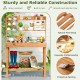 Wooden potting bench table in brown with 3-tier shelf, sturdy pine wood, ideal for gardening tasks and storage.