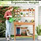 Wooden potting bench workstation with 3-tier shelf, ergonomic height, and flip-up tabletop for gardening tasks.