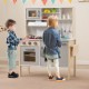 Wooden pretend play kitchen set in gray with removable sink, stove, and cooking accessories for toddlers' imaginative.