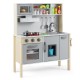 Wooden pretend play kitchen set for toddlers in gray with stove, sink, and storage, perfect for imaginative play.