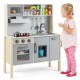 Wooden pretend play kitchen set in gray with removable sink, stove, and accessories for toddlers aged 3-6 years.