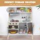 Wooden pretend play kitchen set for toddlers in gray, featuring storage, sink, and cooking accessories for imaginative.