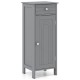 Gray wooden storage cabinet featuring a drawer and single-door with adjustable shelves, perfect for any room.