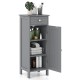Gray wooden storage cabinet with a drawer and adjustable shelves, perfect for bathroom or living room organization.