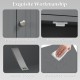 Close-up of the gray wooden storage cabinet features, showcasing metal knobs, waterproof surface, and drawer stopper.