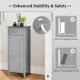 Gray wooden storage cabinet featuring a drawer and adjustable shelves, designed with an anti-tipping device for safety.