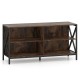 Rustic brown wooden TV stand with X-shaped frame, open compartments for storage, suitable for TVs up to 55 inches.