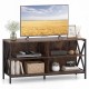 Wooden TV stand in rustic brown with open compartments, supporting TVs up to 55 inches, ideal for modern home decor.