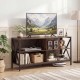 Wooden TV stand in rustic brown with X-shaped frame, designed for TVs up to 55 inches and ample open storage space.