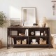 Wooden TV stand in rustic brown with open compartments, designed for TVs up to 55 inches, perfect for modern decor.