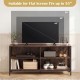 Wooden TV stand in rustic brown for TVs up to 55 inches, featuring open storage compartments and sturdy X-shaped frame.
