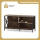 Wooden TV stand with X-shaped frame in rustic brown, featuring open compartments and dimensions for TVs up to 55 inches.
