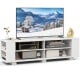 Wooden TV stand in white with 8 open shelves, designed for TVs up to 65 inches, ideal for modern living rooms.