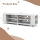 Wooden TV stand dimensions with open shelves, designed for TVs up to 65 inches, featuring cable management holes.