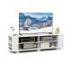 White wooden TV stand with a modern design, featuring an adjustable shelf and spacious open storage for TVs up to 65.