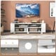 White wooden TV stand featuring sturdy support legs and four cable management holes, designed for TVs up to 65 inches.
