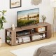 Wooden TV stand in light gray with 8 open shelves, designed for TVs up to 65 inches, ideal for living room organization.
