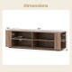 Wooden TV stand dimensions showing 59" length, 8 open shelves, and adjustable shelf for TVs up to 65 inches.