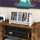 Small white wooden tilting bookshelf organizer displaying magazines and books, perfect for desktop or tabletop use.