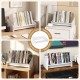 Small white wooden tilting bookshelf organizer for magazines and books, ideal for desktop or tabletop use.