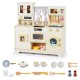 Wooden toy kitchen playset in beige with 14 accessories, including oven and coffee maker, for imaginative play.