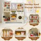 Wooden toy kitchen playset in beige with 14 accessories, featuring multiple storage compartments for organized play.