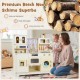 Wooden toy kitchen playset in beige with 14 accessories, featuring oven, coffee maker, and storage compartments for.