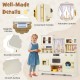 Wooden toy kitchen playset in beige with 14 accessories, featuring rounded corners and convenient handles for safe play.