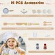 Wooden toy kitchen playset with 14 accessories, including utensils and appliances, designed for kids aged 3+ years.