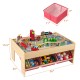 Wooden train set table with reversible tabletops, 94 accessories, and 3 fabric drawers for organized play.