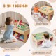 Wooden train set table featuring reversible tabletops, storage drawers, and accessories for imaginative play.