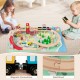 Wooden train set table with reversible tabletops, solid wood tracks, and 94 accessories for imaginative play.