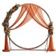 Wooden wedding arch with floral accents and draped fabric, ideal for ceremonies and outdoor events.