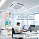 Ceiling cassette mini split AC with remote and app control, featuring 24 SEER2 efficiency for homes or offices.