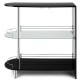 Black bar table with tempered glass shelves and metal frame, featuring two glass holders for wine storage.