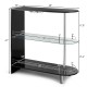 Black 2-holder bar table with tempered glass shelves, featuring a sturdy metal frame for wine and glass storage.