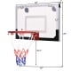 Over-the-door mini basketball hoop with 18" x 12" shatterproof backboard and heavy-duty 9" rim for indoor fun.