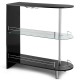 Black 2-holder bar table with tempered glass shelves, featuring a sturdy metal frame for stylish wine storage.