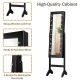 Full-length black mirrored jewelry cabinet armoire with LED lights, featuring earring lines and ring slots for.