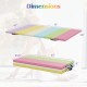 Colorful tri-fold gymnastics mat with dimensions 71"x47"x1.6", featuring high-density foam for comfort and portability.