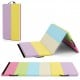 Colorful tri-fold gymnastics mat with waterproof PU leather cover, ideal for yoga and balance training, featuring.