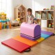 Colorful gymnastics vaulting box and mat set for versatile training, featuring durable PU leather and high-density foam.