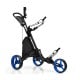 Folding 3 wheels golf push cart showing ball bearing wheels and ergonomic handle for stable and comfortable pushing on.